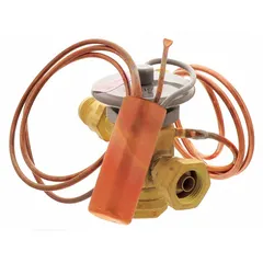 Thermostatic expansion valve for HVACR systems. Regulates refrigerant flow into the evaporator based on superheat, enabling efficient cooling in commercial chillers, rooftop units, and refrigeration equipment.