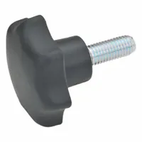 This 7-arm knob features a plastic body with a steel thread insert and a 1/4"-20 threaded stud with 1.1-inch thread length. The star-shaped design provides multiple grip points for manual adjustment and clamping on machinery, jigs, and fixtures