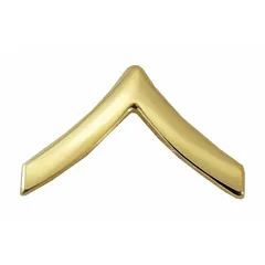 Metallic rank insignia denoting the rank of Private. Gold-colored metal construction with a 3/4 inch diameter. Secured via clutch pin attachment for uniform or ceremonial dress.