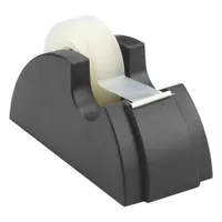 This manual tape dispenser is constructed of plastic in black. It accommodates tape rolls up to 3/4 inch wide and is operated by hand. Suitable for general office tasks such as sealing envelopes, wrapping packages, and light-duty bundling