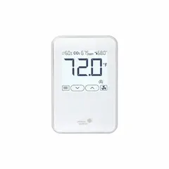 Wall-mount temperature and humidity sensor with digital display in a plastic conduit box housing. Provides a 10 mA temperature signal output with ±1°F accuracy. Connects via screw terminals and communicates using BACnet MS/TP protocol for integration with building automation systems. Suitable for monitoring indoor environmental conditions in HVAC applications.