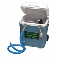 Ice-cooled portable airline cooling system for use with a high-pressure breathing source. Supports up to three users and includes an inlet filter. Equipped with 5-inch Hansen fittings. Suitable for industrial applications requiring temperature regulation of supplied breathing air