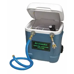 Ice-cooled portable airline cooling system for use with a high-pressure breathing source. Supports up to three users and includes an inlet filter. Equipped with 5-inch Hansen fittings. Suitable for industrial applications requiring temperature regulation of supplied breathing air.
