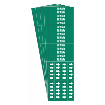 BRADY Pipe Marker: Primary, Green, White, Fits 3/4 in and Smaller Pipe O.D., 3 Pipe Markers - Primary Adhesive Pipe Markers