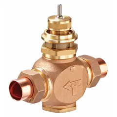 Bronze body globe valve with brass seat, 2 in female union sweat connection, 46.2 CV flow, normally closed, straight-thru design with stem up to close action. Used for regulating water flow in hydronic heating and cooling systems.