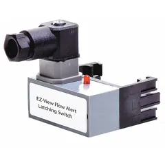 Paddle-type flow switch with adjustable set point and normally open switch position. Contact rating: 0.5 A @ 125V AC, 1 A @ 30V DC. Media temperature range 32°F to 158°F. NPT connections. Used for flow or no-flow detection in industrial piping systems, such as process control, pump protection, and cooling water monitoring.