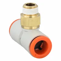 This SMC tube fitting is a tee configuration with 3/8 in pipe size, made of polybutylene and brass in white. It is used to branch pneumatic or fluid lines in industrial automation, packaging, and material handling systems, providing quick, leak-free connections without tools