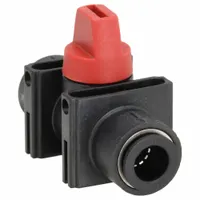 Manual two-way ball valve with a polymer body, full-port ball, and 3/8 inch straight push x push connections. Operated by a lever handle, it is used to start, stop, or redirect flow in pneumatic or low-pressure liquid systems