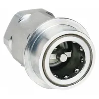Steel hydraulic quick-connect coupling body with 3/8"-18 thread size and nitrile seal. Rated for maximum flow rate of 18.93 lpm. Used in fluid power systems for rapid connection and disconnection of hydraulic lines in industrial machinery and mobile equipment