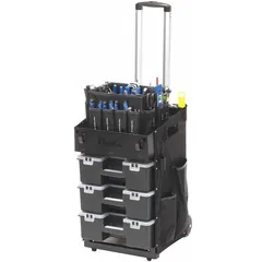 This heavy-duty modular utility cart measures 15 inches wide, 13 inches deep, and 27 inches high. It includes one drawer and a locking rod for padlock security. The cart comes equipped with screwdrivers, keys, and bits. Suitable for organizing tools in industrial workshops, maintenance facilities, and assembly lines.