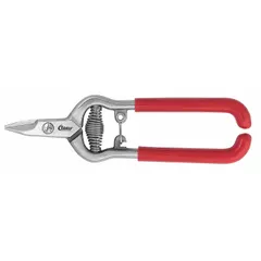 Spring-assisted shears with straight, pointed steel blades and a red metal handle. Overall length of 6 1/2 inches. Suitable for cutting wire in general maintenance, electrical, and construction tasks.
