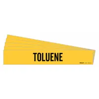 Yellow adhesive pipe marker with black legend reading 'Toluene'. Designed for pipes with outer diameter of 8 inches and larger. Each pack contains 5 markers without directional arrows. Used for identifying toluene piping in industrial facilities