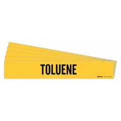 Yellow adhesive pipe marker with black legend reading 'Toluene'. Designed for pipes with outer diameter of 8 inches and larger. Each pack contains 5 markers without directional arrows. Used for identifying toluene piping in industrial facilities.