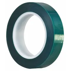 This polyester film tape with silicone adhesive is designed for high-temperature masking applications such as powder coating, wave soldering, and plasma spray. It withstands elevated temperatures and removes cleanly without residue. The tape is 3.2 mil thick, 72 yards long, and features a green color.