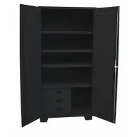 Welded steel cabinet with black powder-coated finish, 14 ga panel thickness, three adjustable shelves, pegboard back, and legs. Features a swing handle with padlock hasp for security. Suitable for organized storage of tools and parts in workshops, warehouses, and maintenance facilities