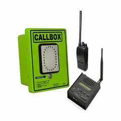 This call box for two-way radios operates on a UHF license-required radio band. It includes a handheld radio for direct communication. The unit is finished in silver. Typical applications include industrial access control and secure entry management where licensed radio communication is needed.