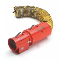 This axial blower and ducting combination unit delivers 778 cfm maximum flow in free air. It is powered by a 1/3 hp motor operating at 115 V AC and includes a 15 ft duct with an 8 in diameter. Designed for ventilating confined spaces such as tanks, vaults, and manholes to remove fumes, dust, and stale air