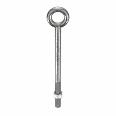 This machinery eye bolt without shoulder is made from 18-8 stainless steel with a plain finish. It has a 12-inch shank length and 4-inch thread length, and includes a nut. Used for lifting, rigging, and pulling applications where straight-line loads are applied.