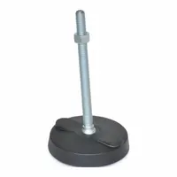 This male leveling mount features an M10 thread, 80 mm length, and a load capacity of 8006.8 N. It has a zinc-plated finish, round base, and includes a rubber thrust pad for vibration damping. Used for leveling and isolating vibration in industrial equipment
