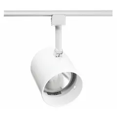Incandescent track lighting head with roundback shape, rated 75 W. Measures 6 inches in length and 4 3/8 inches in diameter. White finish with white baffle. Suitable for accent or directional lighting in commercial and residential settings.