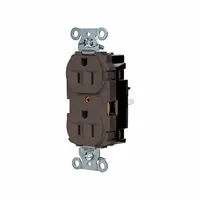 Duplex general-purpose receptacle with 5-15 configuration, rated 125V AC and 15A. 2-pole, 3-wire design in brown finish. Suitable for powering standard electrical equipment in commercial and industrial environments