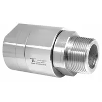 This single-passage rotating joint transfers fluid or gas from a stationary supply line into rotating machinery. Made of nickel-plated C38500 brass with a 1 1/4 in stationary port, it is rated for a maximum speed of 30 RPM. Suitable for low-speed rotating equipment such as drums, reels, or indexing tables
