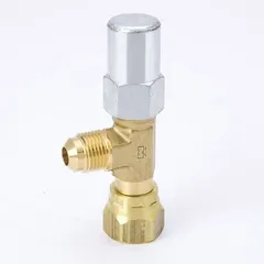 Angled packed line valve with 1/4 in female flare inlet and 1/4 in male flare outlet. Rated for maximum 700 psi. Features a plastic seal cap. A2L compatible. Used in HVAC and refrigeration systems for refrigerant flow control and isolation.
