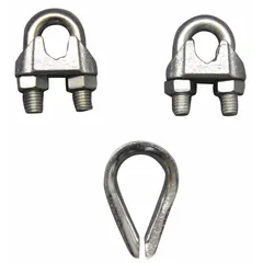This clip and thimble kit is used to form secure eyes or loops at the end of wire rope for lifting, rigging, and towing applications. Both the clip and thimble are made of steel. The rope turnback length is 11 1/2 inches.