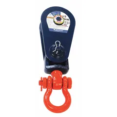 This shackle-attached snatch block is designed for lifting operations with wire rope. It features a swivel pulley, roller bearing, steel sheave, and alloy steel housing with a painted finish. Suitable for upright-mount applications in rigging and industrial lifting.