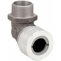 90° metallic cable grip with aluminum body and silver finish. Connects 0.88 to 1.00 inch diameter cord to a 1 inch male NPT threaded box opening. Rated IP66 for liquid-tight protection and suitable for Class III, Division 1 and 2 hazardous locations. Gray grommet color coded for cord range identification.
