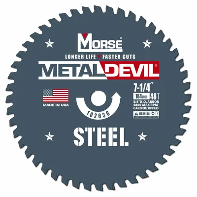 MORSE Circular Saw Blade: 7 1/4 in Blade Dia., 48 Teeth, 0.08 in Cut Wd, 5/8 in Arbor Size - Steel & General Metal-Cutting Blades