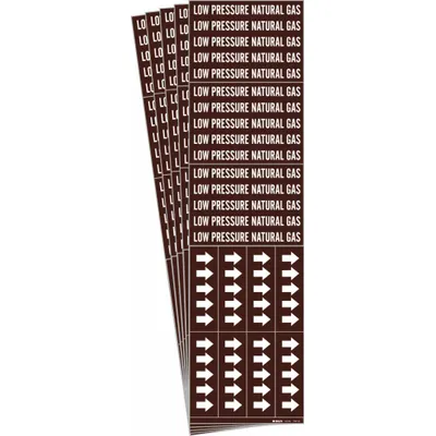 BRADY Pipe Marker: Low Pressure Natural Gas, Brown, White, Fits 3/4 in and Smaller Pipe O.D. - Low Pressure Natural Gas Adhesive Pipe Markers