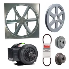 Unassembled belt-drive panel supply fan with a 48-inch blade and totally enclosed motor. Delivers 17,349 cfm at 208-230/460V AC three-phase. Suitable for general ventilation and air supply in industrial and commercial facilities requiring high-volume airflow.