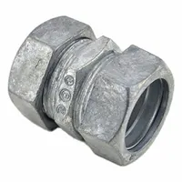 This compression conduit coupling is used to join two lengths of EMT (Electrical Metallic Tubing) in electrical conduit systems. Made of zinc with an unfinished surface, it is non-insulated and meets UL-514B standards. Suitable for dry indoor environments, it provides a secure, grounded connection for 3/4 in trade size EMT