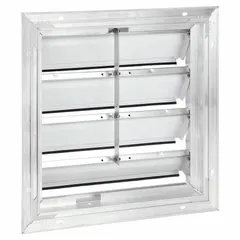 This wall-mount backdraft damper features a single-panel flat blade that opens under forward airflow and closes when the fan stops, preventing reverse airflow in exhaust systems. Designed for horizontal airflow and vertical mounting, it supports a maximum air velocity of 2500 fpm.