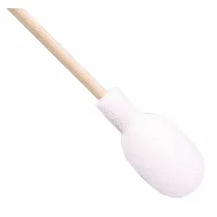 Cleanroom swab with a polyurethane foam tip and white wood handle, featuring fiberless construction that does not generate particles. Tip length 13/16 in, handle length 5 1/4 in, overall length 6 in. Round tip shape. Pack of 500. Used for removing flux residue in precision cleaning applications.