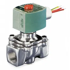This 2-way/2-position normally closed solenoid valve is designed for on/off control of compatible fluids in industrial automation, water treatment, and HVAC systems. It features a compact body with NBR seal, 1/2 in pipe size, and operates on 120V AC. The coil enclosure is without a junction box.