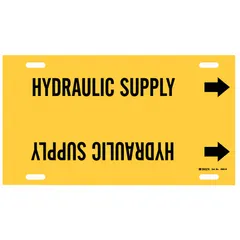 Yellow pipe marker with black legend reading 'Hydraulic Supply' and directional arrows. Fits pipe outer diameters from 10 to 15 inches. Used to identify hydraulic supply lines in industrial piping systems.
