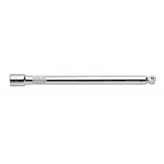 This flex and wobble hand socket extension features a 3/8 in output drive size and a chrome finish. It is designed for accessing fasteners in tight or offset spaces where a straight extension cannot reach. Typical applications include automotive repair, machinery maintenance, and general assembly work.