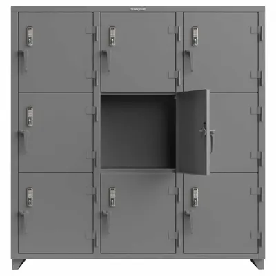STRONG HOLD Locker: 72 in x 24 in x 75 in, 3 Tiers, 3 Units Wide, 9 Lockers, 24 in x 24 in - Wiring-Ready Full-Height Metal Mobile-Device Lockers