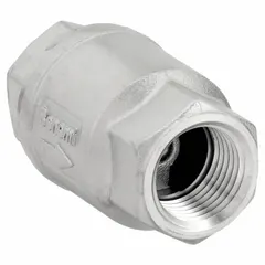 This BONOMI inline disc check valve features a 316 stainless steel body with 1/2" FNPT x FNPT connections. It is designed to prevent backflow in piping systems, suitable for applications requiring corrosion resistance and reliable one-way flow.