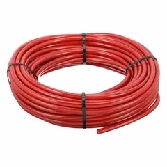 Polyurethane tubing with 3/8 in inner diameter and 1/2 in outer diameter, supplied in a 100 ft length. Red color, Shore A 90 to 95 hardness, rated for maximum operating pressure of 110 psi at 180°F. Suitable for pneumatic and fluid transfer applications in industrial automation, robotics, and material handling.