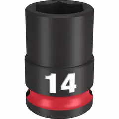 This 3/8" drive impact socket features a 14 mm metric size with a 6-point configuration. Designed for use with impact wrenches, it is suited for fastening and loosening nuts and bolts in automotive, construction, and industrial applications.