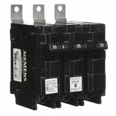 Three-pole miniature circuit breaker rated 35 A at 240V AC, part of the BL Series. Designed for bolt-on installation in Siemens P1 Panelboards. Provides overcurrent protection for branch circuits in three-phase electrical distribution systems. Maximum interrupting rating 22kA at 120/240V AC.