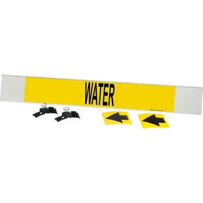 BRADY Pipe Marker: Water, Yellow, Black, Fits 8 in and Larger Pipe O.D., 1 Pipe Markers - Water Fiberglass Carrier Mounted with Strapping Pipe Markers