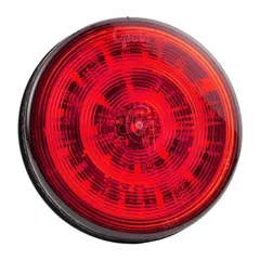 Red LED warning light for vehicle perimeter flashing applications. Round shape with grommet mount. Operates at 12V DC. Overall height and width of 3/4 in.
