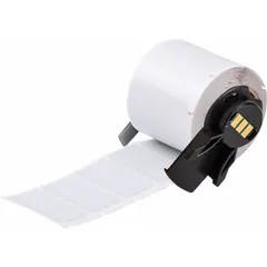 Precut label roll measuring 1 1/2 in x 3/4 in, made of polyester with metal-detectable properties in gray. Compatible with M610 printer series. Used for industrial identification in environments where metal detection is required, such as food processing or pharmaceutical facilities.