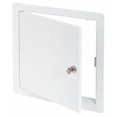 This steel locking access door is designed for ceiling mounting, providing secure entry to concealed equipment. It features a hidden pin hinge and exposed flange, constructed from 16-gauge steel with a white finish. Suitable for accessing HVAC, electrical, or plumbing components.