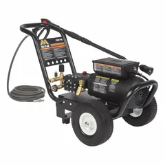 This MI-T-M cold water pressure washer operates at 1,500 psi and 2 gpm, powered by a 120 V single-phase, 2 hp motor with a direct pump drive. Designed for cold water intake only, it is suitable for light-duty cleaning tasks such as washing vehicles, equipment, and building surfaces.