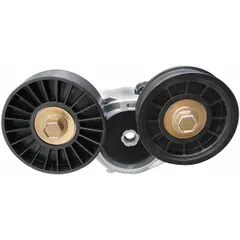 The DAYCO 89254 self-adjusting belt tensioner automatically maintains proper tension on vehicle accessory drive belts. It features 2 pulleys and a 3 1/2 in outside diameter. This component is used in automotive and light-truck applications to reduce belt slip, noise, and wear.
